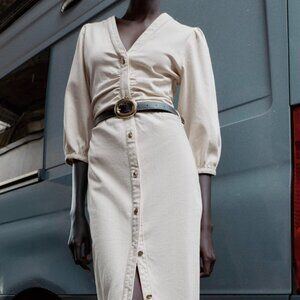 Zara - ECRU Belted Balloon Sleeve Midi Dress - L